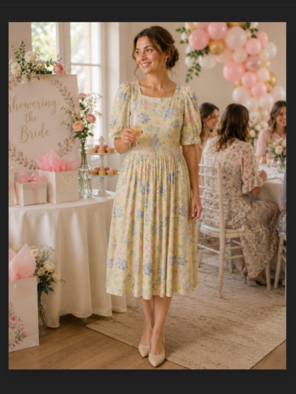 Vtg Laura Ashley Floral Dress Puff Sleeve Wedding Tea Yellow Pink Blue Medium